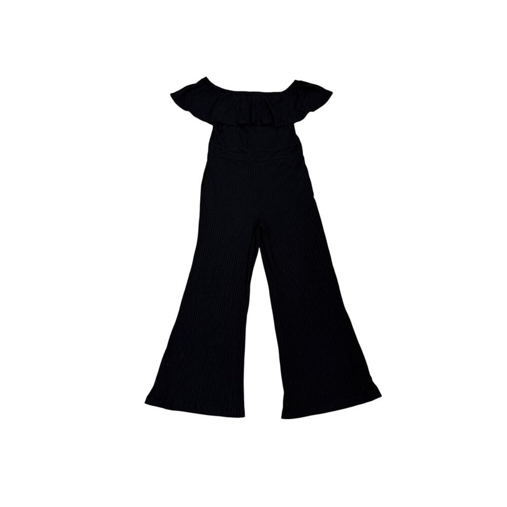 Amour Vert Black Off Shoulder Flare Leg Ribbed Capsule Jumpsuit Women's Medium